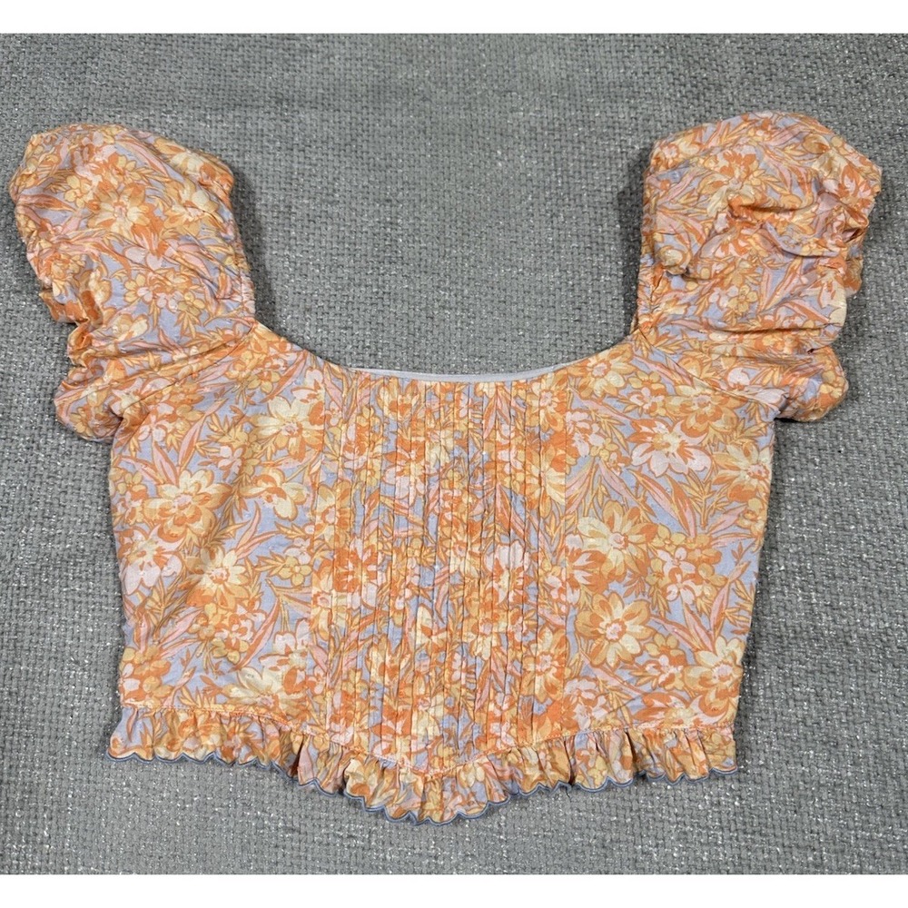 Olivaceous Top‎ Womens L Orange Floral Puff Sleeve Pintuck Crop Coquette Cottage